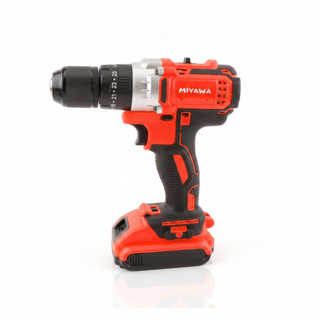 Taladro percutor inalámbrico 18 V - 13 mm con maletín y acc - Fondo blanco