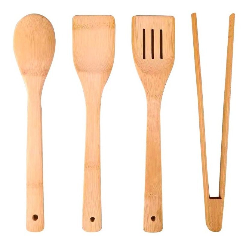 Set Utensilios De Bambú Pinza, Espátula, Espátula Y Cuchara