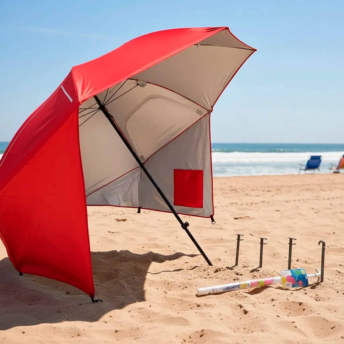 Sombrilla Carpa Playera Para Viento 2,5m Roja Vonne Scp04 Y Saca Arena Rojo Liso