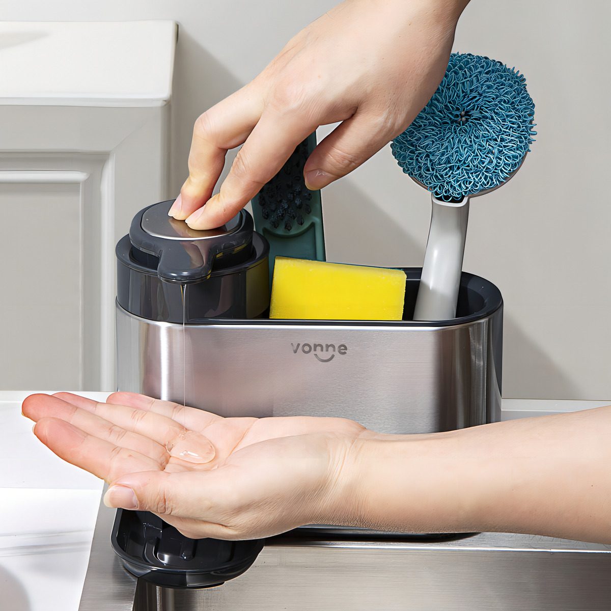 Organizador De Bacha Cocina Esponja Vonne Con Dispenser Abs Acero - 2