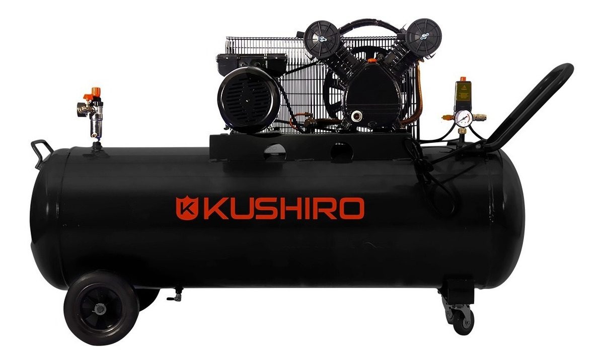 Compresor 2 Cilindro Correa 3hp Mono 200l Industrial Kushiro Negro Monofásica