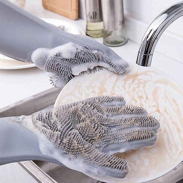 Guante Silicona Esponja Lavar Platos Bacha Cocina Gris Medio Gris Liso - 2