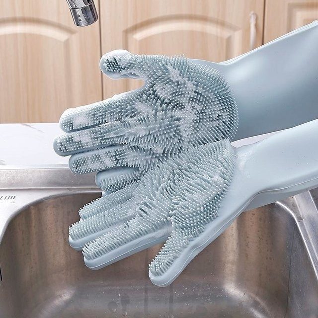 Guante Silicona Esponja Lavar Platos Bacha Cocina Gris Medio Gris Liso - 3