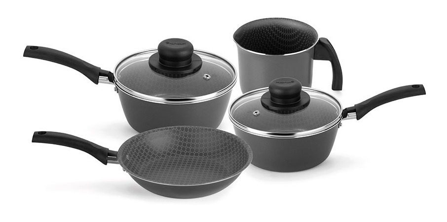 Set 4 Piezas Ollas Sarten Antihaderente Multiflon Essential Gris Oscuro