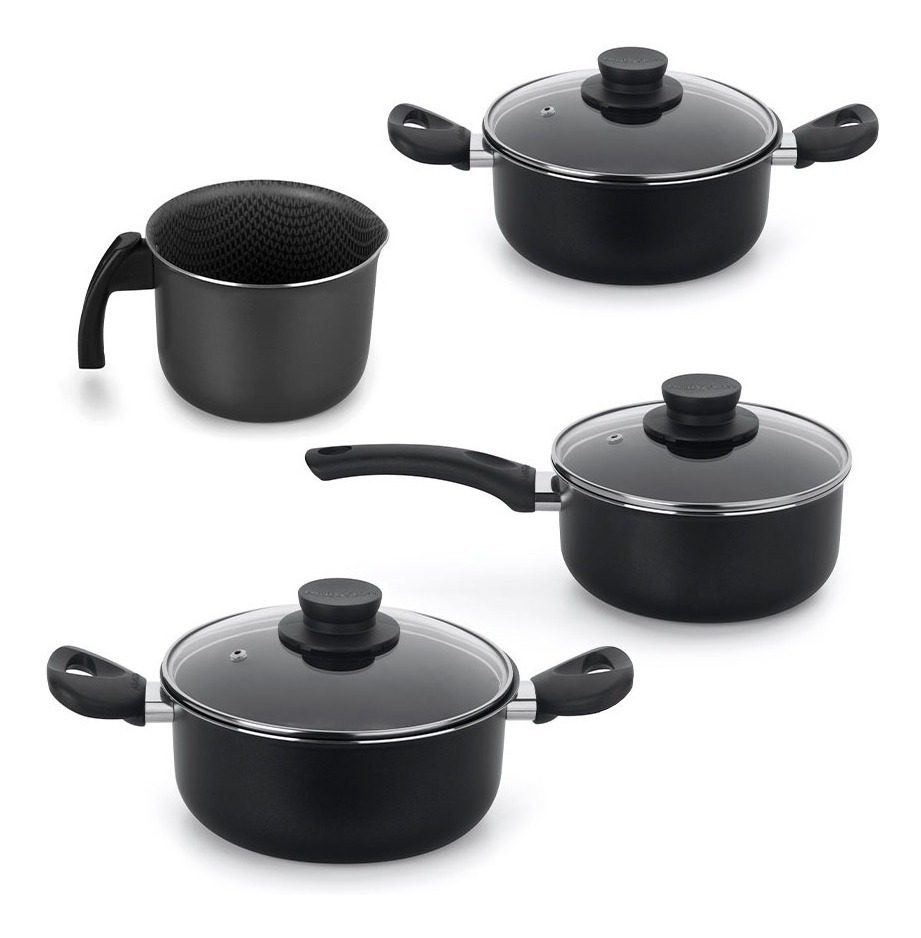 Set 4 Piezas Ollas Hervidor Antihaderente Multiflon Gourmet Gris Oscuro
