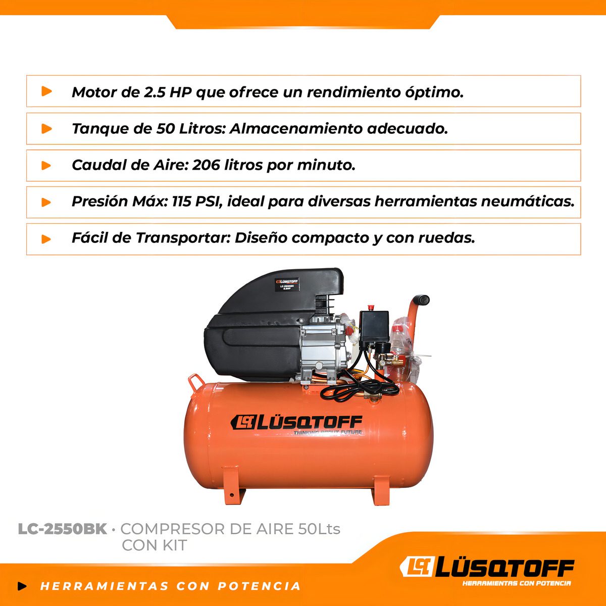 Compresor De Aire Eléctrico Portátil Lüsqtoff Lc-2550 Monofásico 50l 2.5hp 50hz Naranja 50 Hz Monofásica - 1