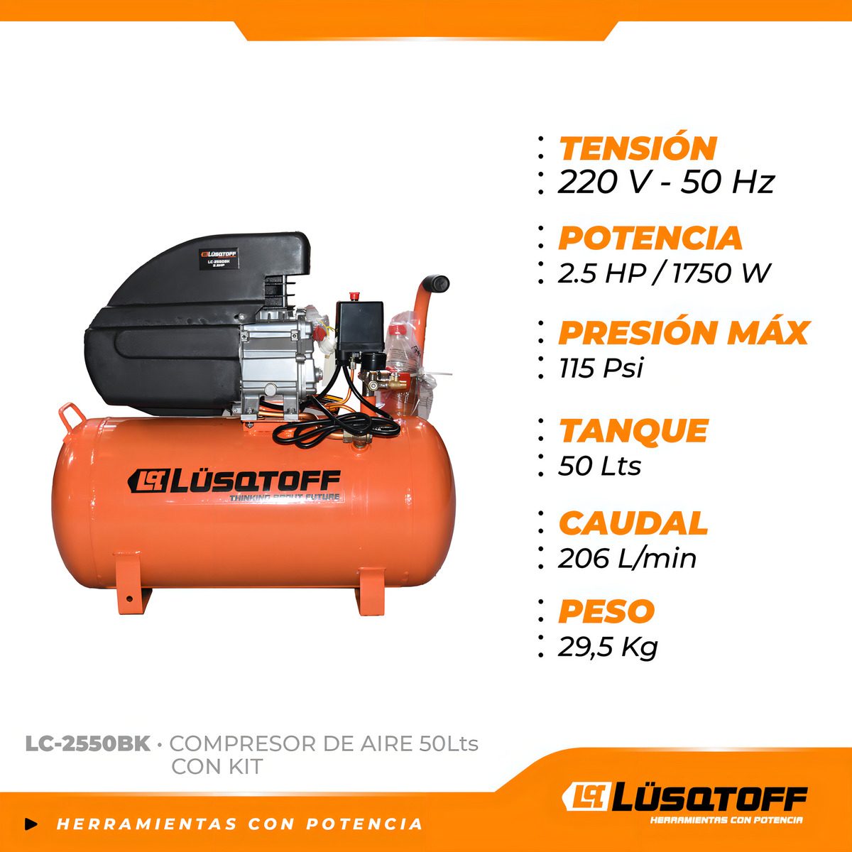 Compresor De Aire Eléctrico Portátil Lüsqtoff Lc-2550 Monofásico 50l 2.5hp 50hz Naranja 50 Hz Monofásica - 2