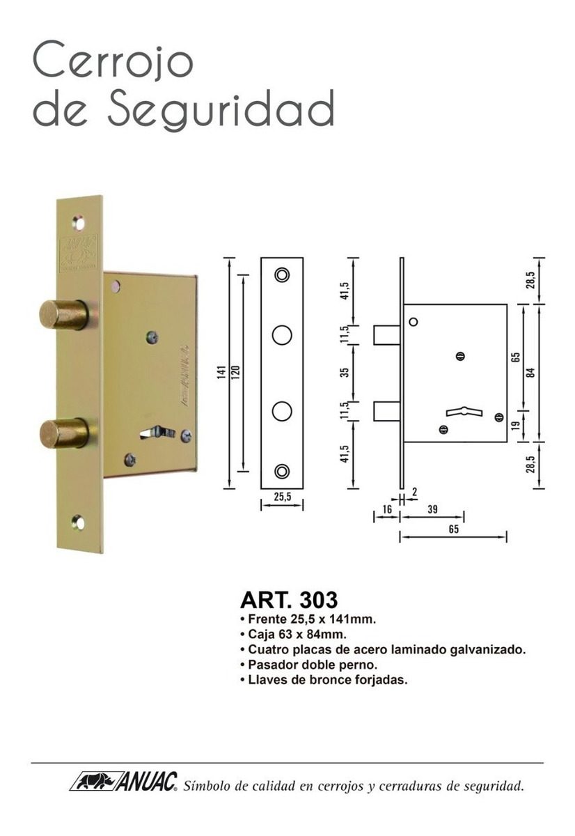 Cerrojo De Seguridad Zincada Anuac 25,5x141 - 1