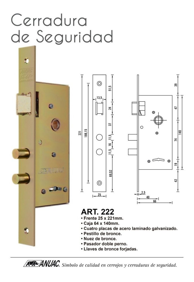 Cerradura Seguridad Anuac Perno Redondo Niquelado 25x221mm - 1