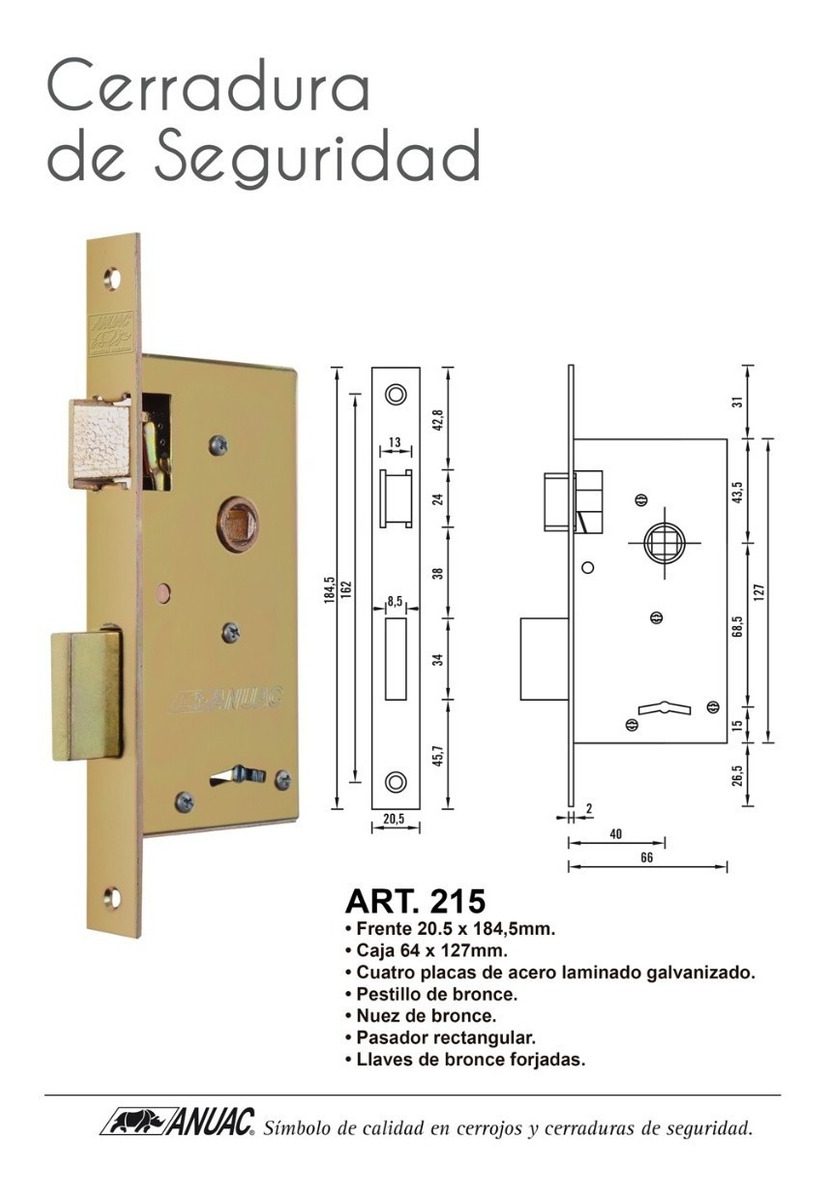 Cerradura Seguridad Anuac Perno Rectangular 25x214,15 - 1